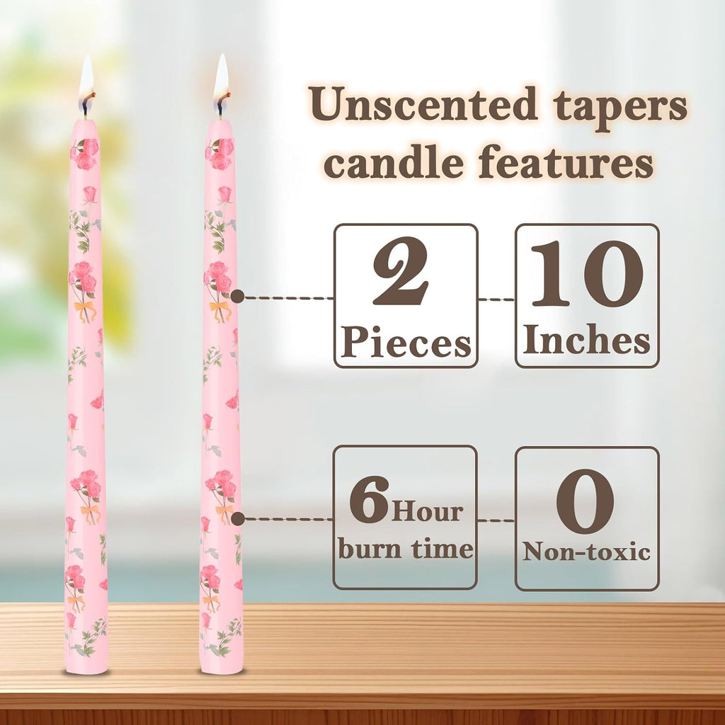 10 Inch Pink Printed Taper Candles for Mother's Day Unscented and Smokeless Tall Candlesticks, Long Burning, Ideal for Wedding Advent Parties