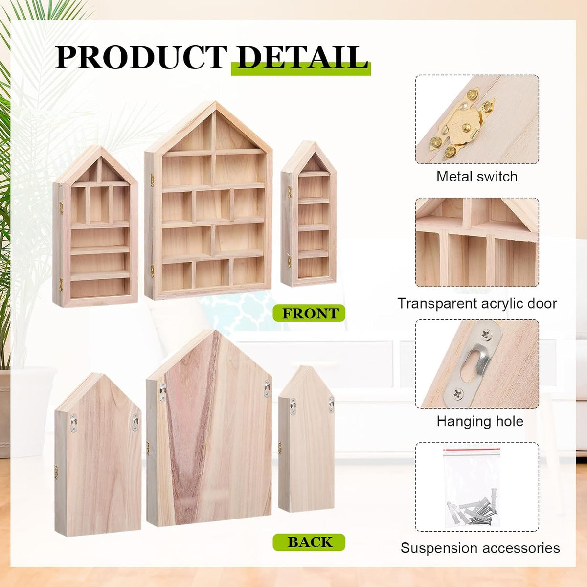 DoubleFill 3 Pcs Trinket Shelf Shadow Box, Wood Color, House Shape