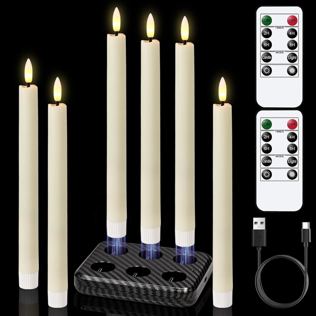 GenSwin Rechargeable Flameless Taper Candles with Charging Base Remote