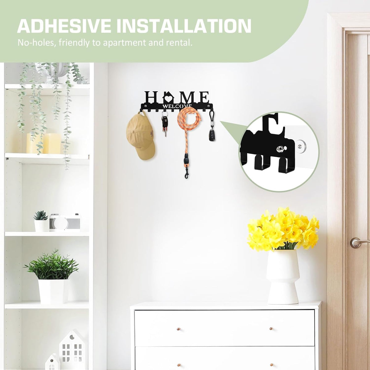 Key Holder Wall Mount, Adhesive Key Hanger with 10 Hooks, Black