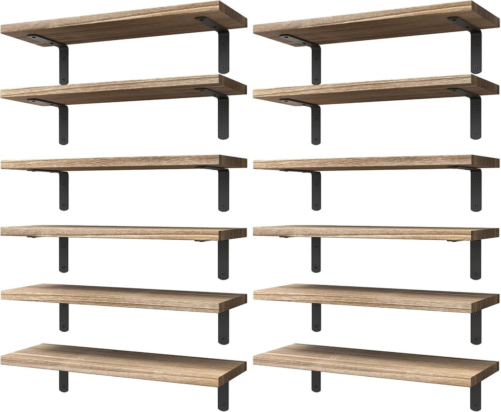 WOPITUES Wood Floating Shelves Set of 6, Shelves for Wall Decor, Farmhouse Shelf for Bedroom, Bathroom Storage Shelves, Book Shelves for Living Room - Rustic Brown (Pack of 2)