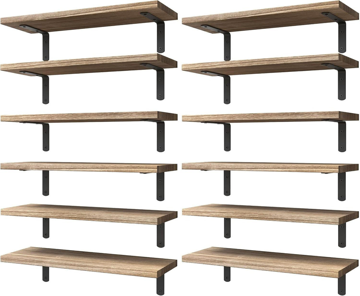 WOPITUES Wood Floating Shelves Set of 6, Shelves for Wall Decor, Farmhouse Shelf for Bedroom, Bathroom Storage Shelves, Book Shelves for Living Room - Rustic Brown (Pack of 2)