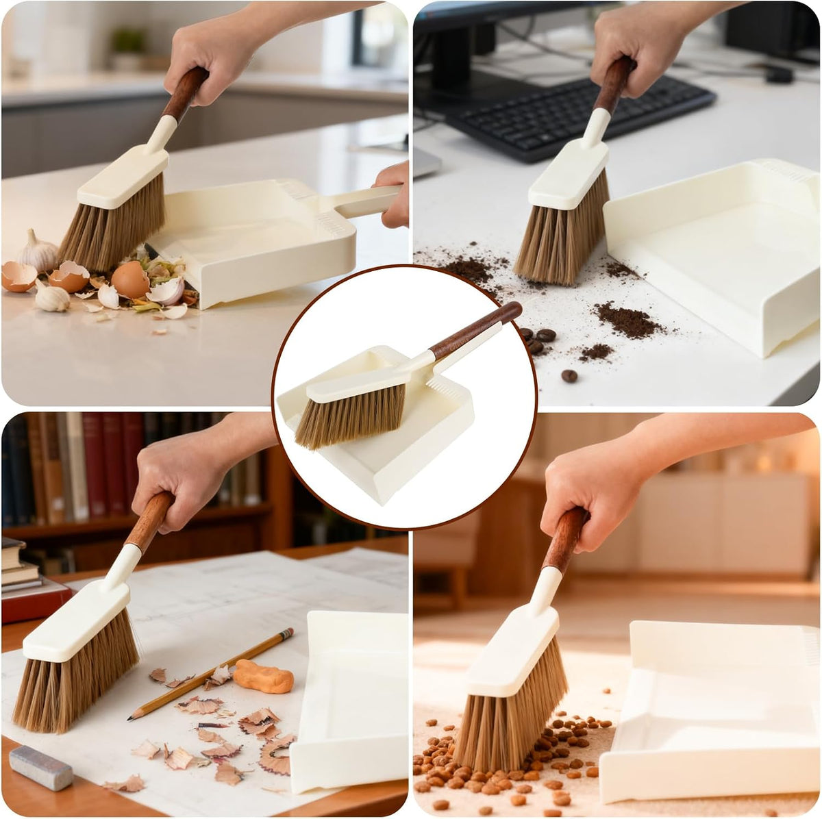 Hand Broom and Dustpan Set,with Sapele Wood Handle,Beige
