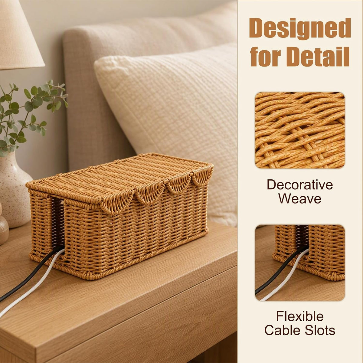 Handmade Rattan Cable Management Box, U Dual Slot Cord Hider Organizer Box