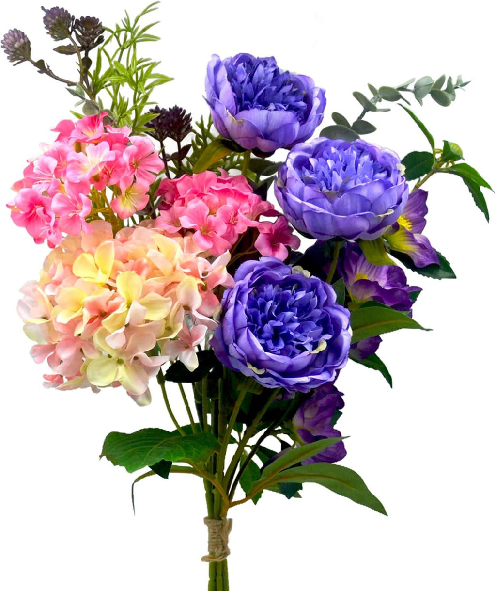 Artificial Flowers Bouquet – Fake Silk Hydrangea Peony and Eucalyptus Mix, Faux Flower Arrangements for Home, Office Decor and Dining Table Centerpieces (Yellow Pink&Dark Purple)