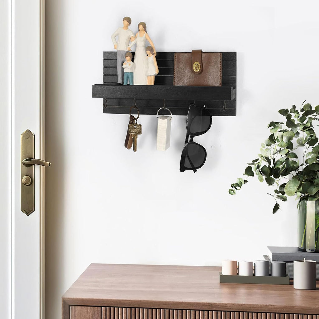 Lwenki Decorative Key Holder for Wall with Shelf, Entryway Shelf with Hooks Holds Leashes, Jackets and Glasses – Sturdy Wood Keyholder Entrance Hanger with Mounting Hardware (Black, Medium)