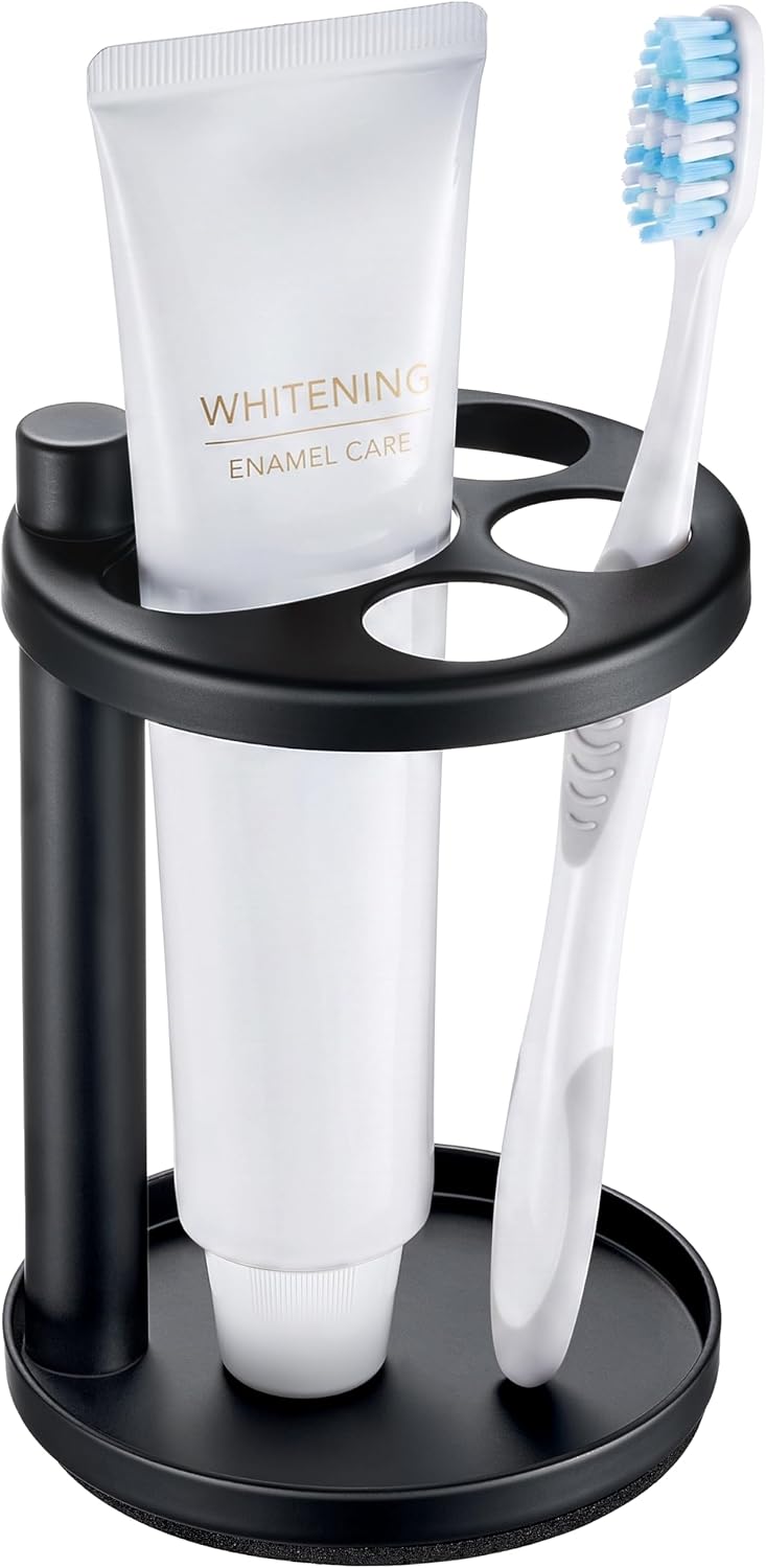 Toothbrush & Toothpaste Holder for Bathroom Countertop, Metal Electric Toothbrush Stand with Razor Slot, Ideal Design Caddy for Kids & Family, Black