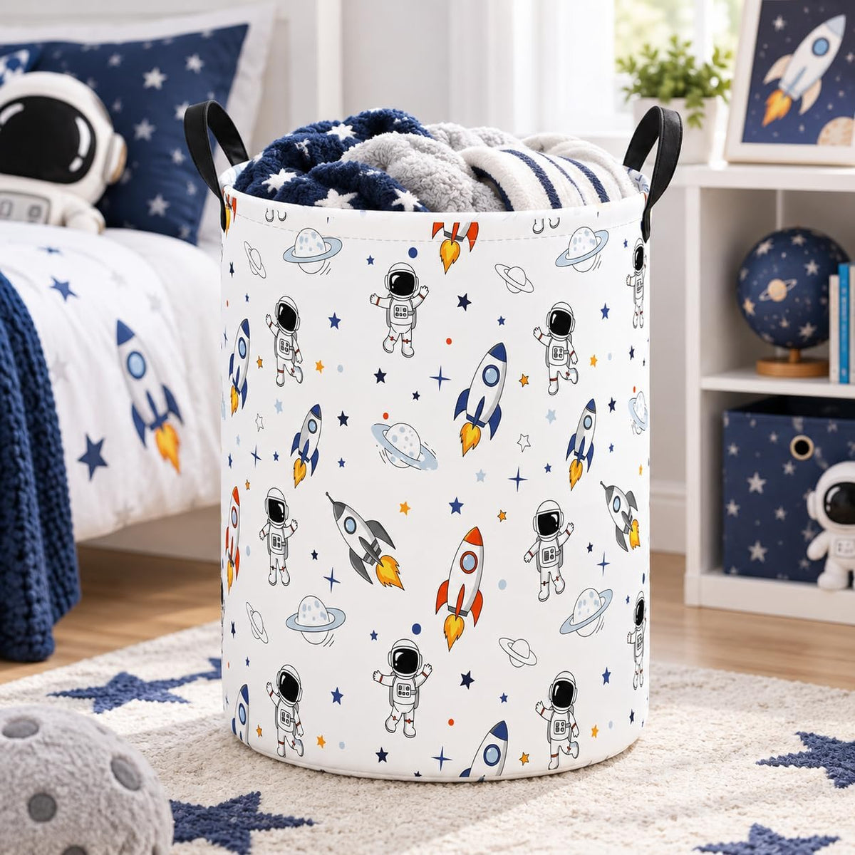 Space Laundry Hamper, Round Storage Basket with Handles, Foldable Cotton Linen Clothes Organizer Bin, Astronaut Rocket Planet Print for Bedroom, Nursery, College Dorm, Toy Storage