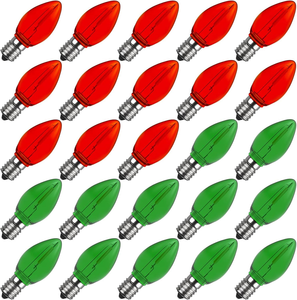 Meconard 25 Pack C7 LED Night Light Bulbs, E12 Candelabra Base, Red Green