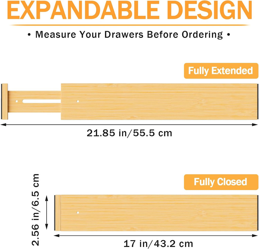 Bamboo Drawer Dividers Organizers, 2.56" High, 17"-21.8" Adjustable, 8 Pack