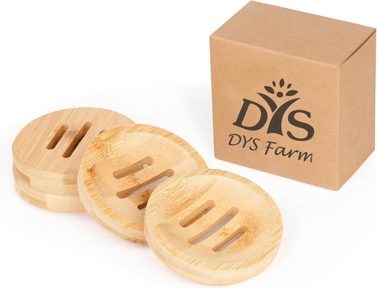 4 Pieces Bamboo Soap Dish Holders - Round Natural Wooden Soap Trays, Rustic Bathroom Accessories, Eco-Friendly Drainable Soap Savers for Sink, Kitchen, Shower
