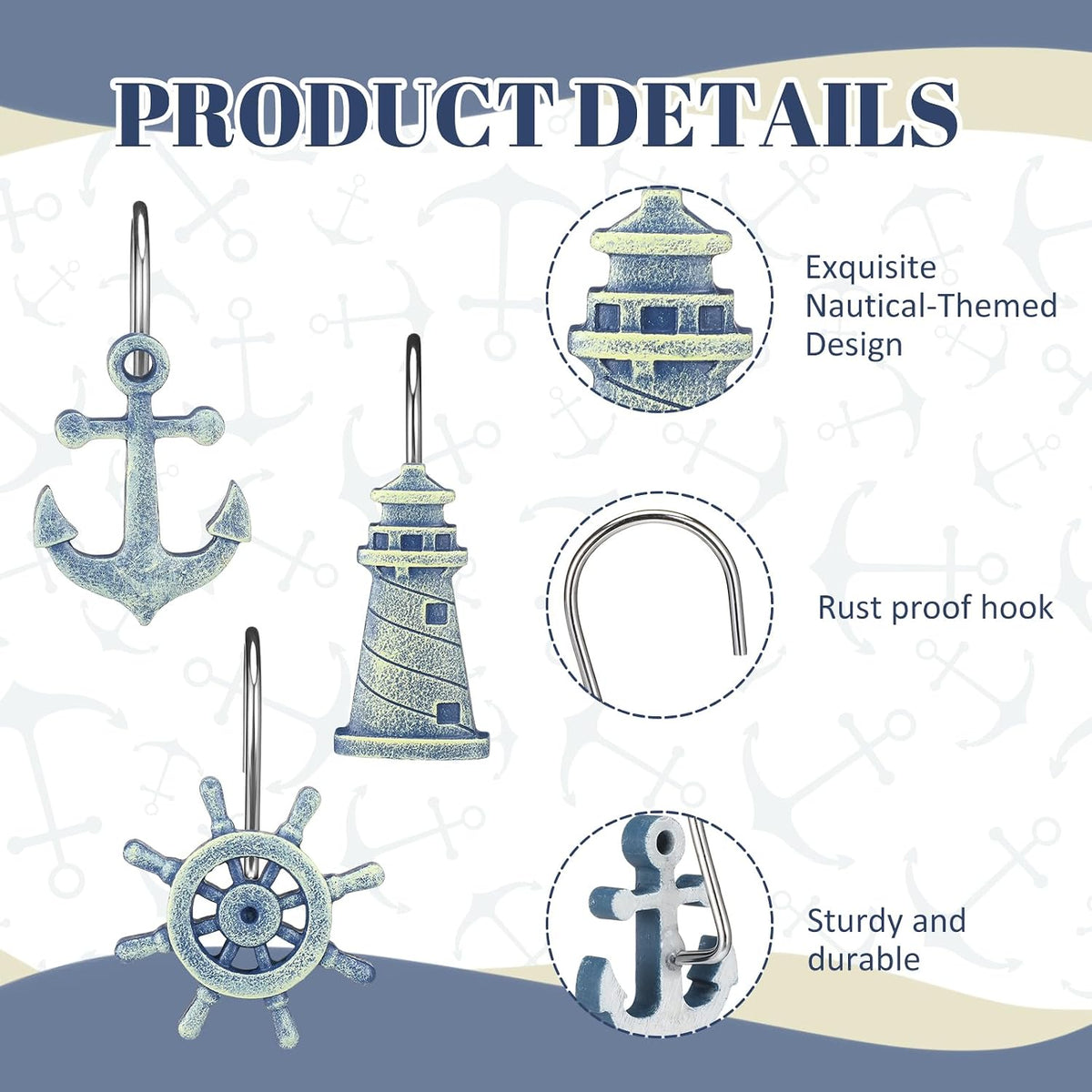 Amyhill 12 Pcs Nautical Shower Curtain Hooks, Nautical Stainless Steel