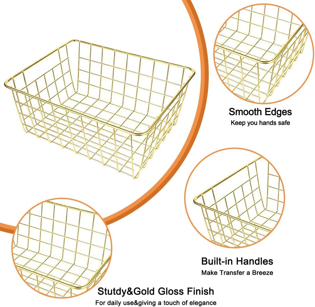 4 Pack Gold Wire Baskets for Organizing, Wire Storage Basket Metal Storage Baskets for Kitchen Cabinets, Countertop