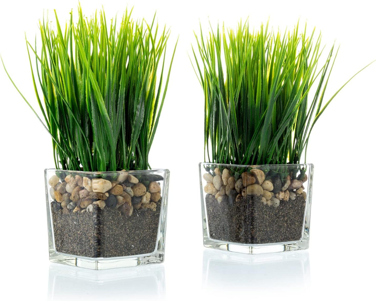 MyGift Set of 2 Artificial Grass Plants in Square Glass Pots with Pebbles