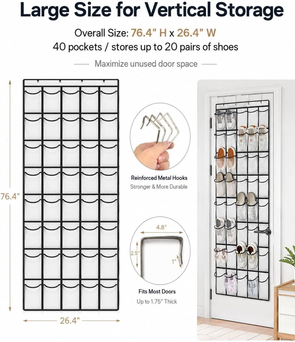 Sokoweii Over the Door Shoe Organizer, 40 Pocket, Clear Mesh, White, Hanging Rack for Closet, Bedroom, Entryway, Nonslip Hook, Storage Holder for Women and Men
