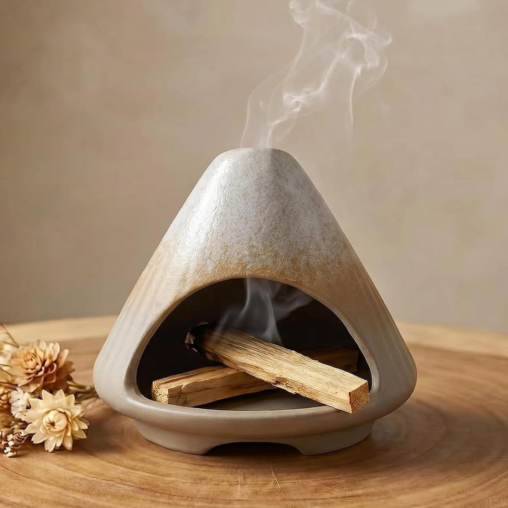 CEREMONY Palo Santo Holder -Mini Ceramic Incense Holder for Palo Santo and Sticks - White Sage Holder for Meditation Decor Ceremony Incense with Glass Grey Collector (Grey-Mount Fuji)