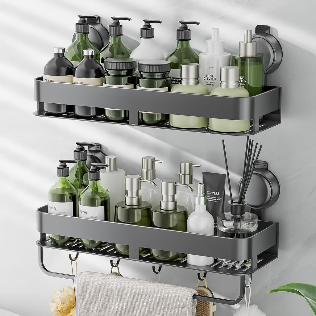 Corner Shower Caddy,Suction Cup Shower Caddy with Hooks,No Drilling Rustproof Aluminum Bathroom Organizers and Storage,Shelves for Bathroom Accessories Decor (15.7inch-Gunmetal Gray)