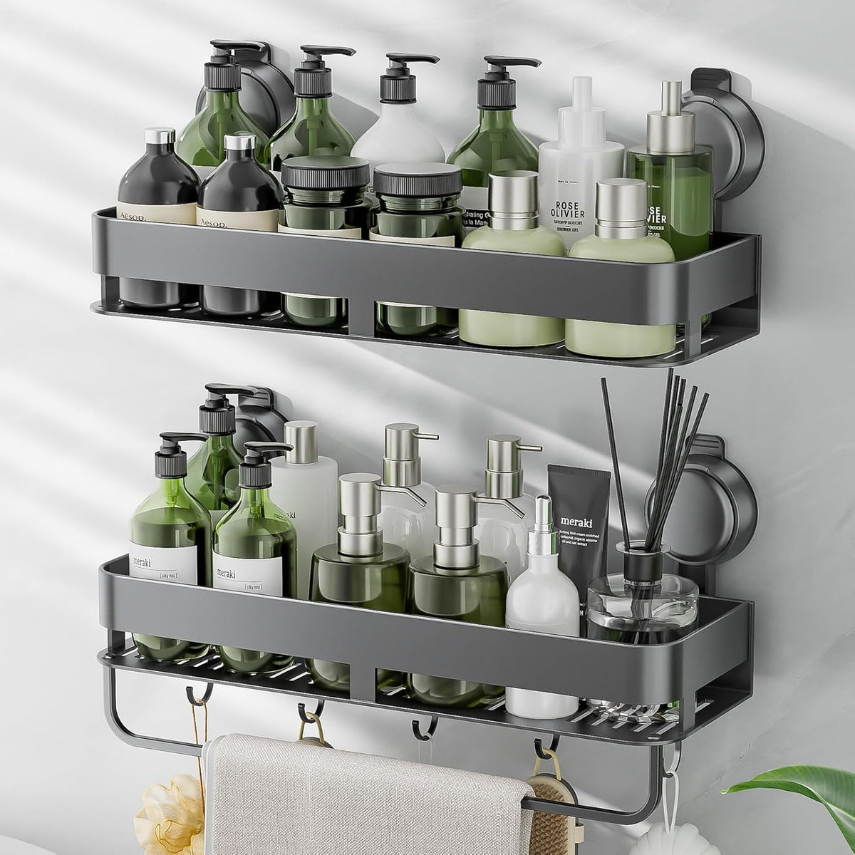 Corner Shower Caddy,Suction Cup Shower Caddy with Hooks,No Drilling Rustproof Aluminum Bathroom Organizers and Storage,Shelves for Bathroom Accessories Decor (15.7inch-Gunmetal Gray)