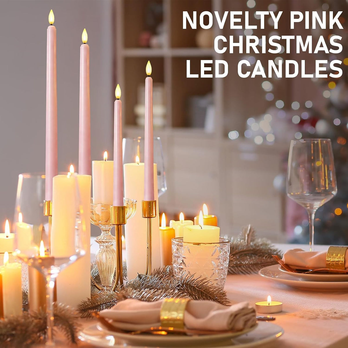 24 Pcs LED Taper Candle, Classic, 8.5",9.65",10.8",12.8", Pale Pink