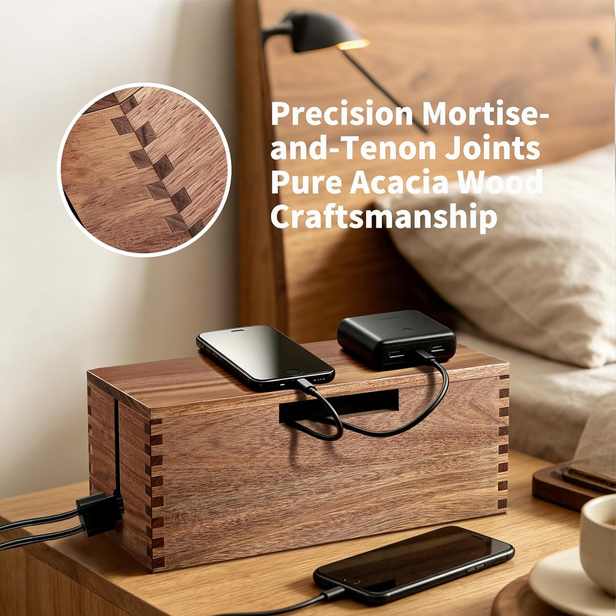 MINCORD Acacia Wood Cable Management Box - Cord Organizer & Power Strip Cover for Desk, TV Stand & Home Office, Wooden Electrical Cord Hider Box with Lid for Living Room, Bedroom & Gaming Setup
