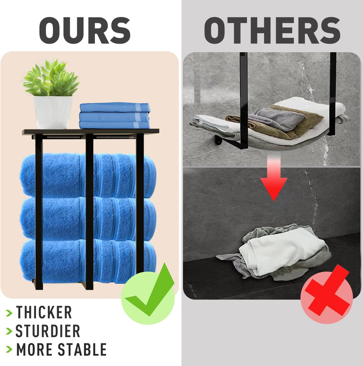 Towel Rack Wall Mounted with Shelf, Beautiful Storage for Small Bathroom, Neat Organizer for Rolled Towels, 3 Sturdy Iron Bars & Holds 25kg Weight