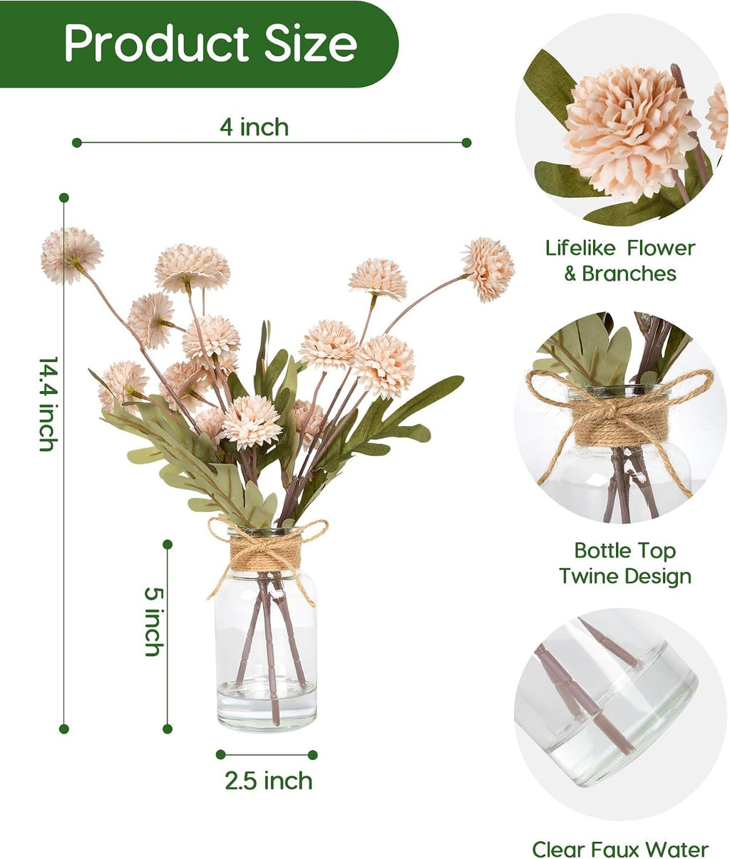 Velener Beige Faux Silk Mums Fake Flowers in Vase With Faux Water, Fake Plants Artificial Flowers For Home Decor Kitchen Bathroom Farmhouse Living Room Coffee Table Small Centerpieces For Table 1 Pack