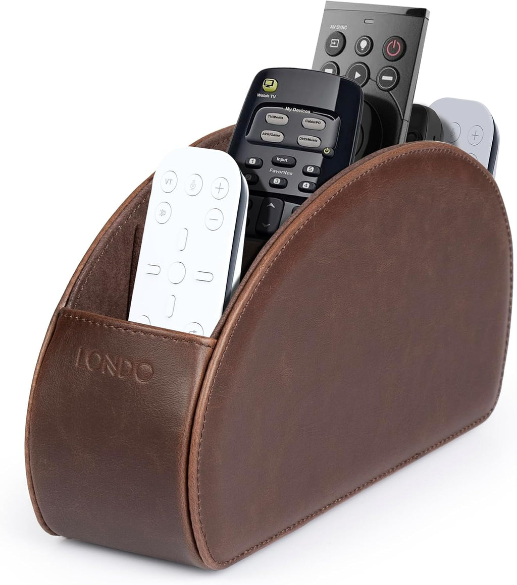 Londo PU Vegan Leather Remote Control Holder with 5 Pockets, Nightstand Caddy & Bedside Organizer for TV, DVD, Blu-Ray, Roku, Apple TV Remotes, Phones, Glasses — Suede Lined Gift for Dad, Dark Brown