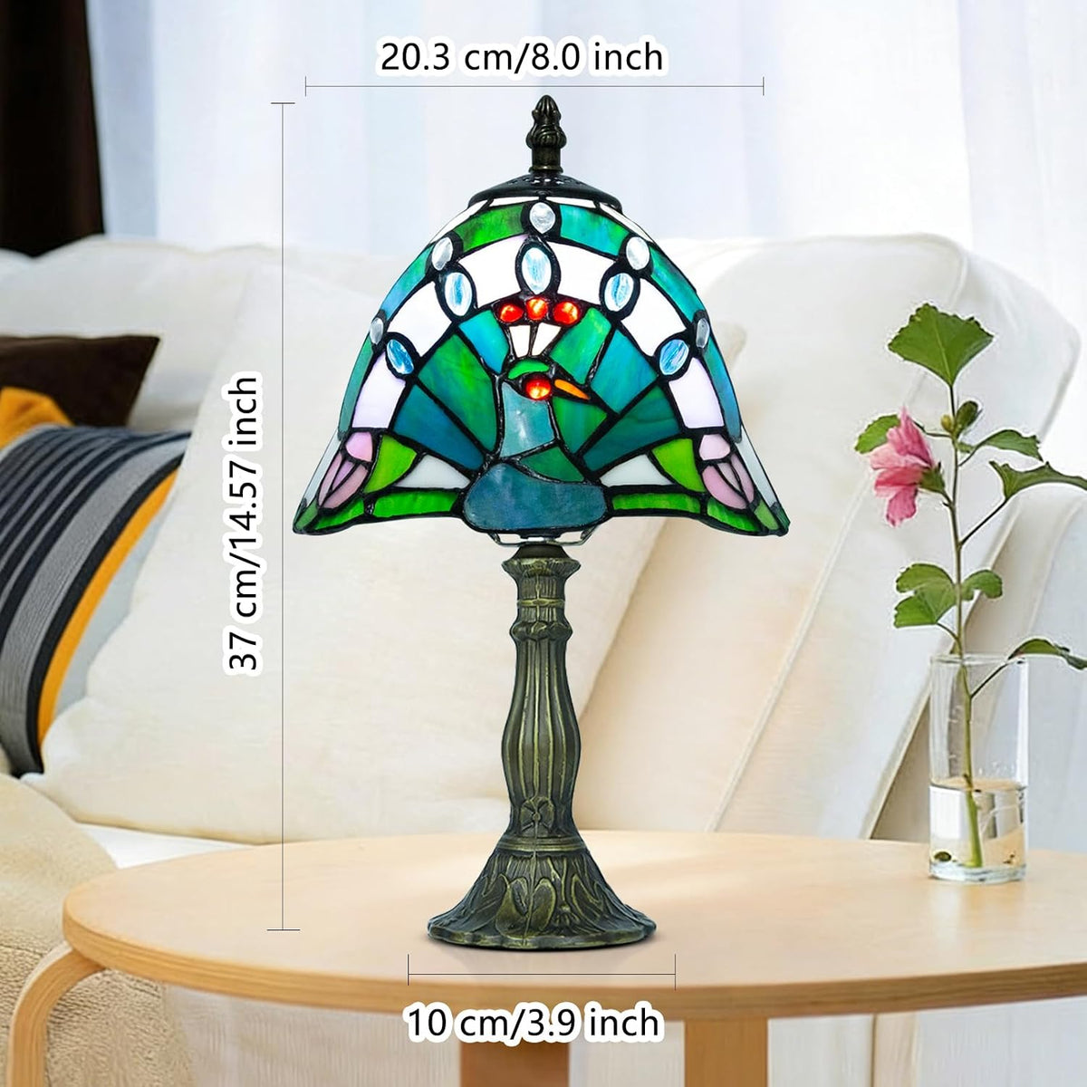Small Tiffany Style Lamp,Green Peacock,3 Color Temperature,8 Inch