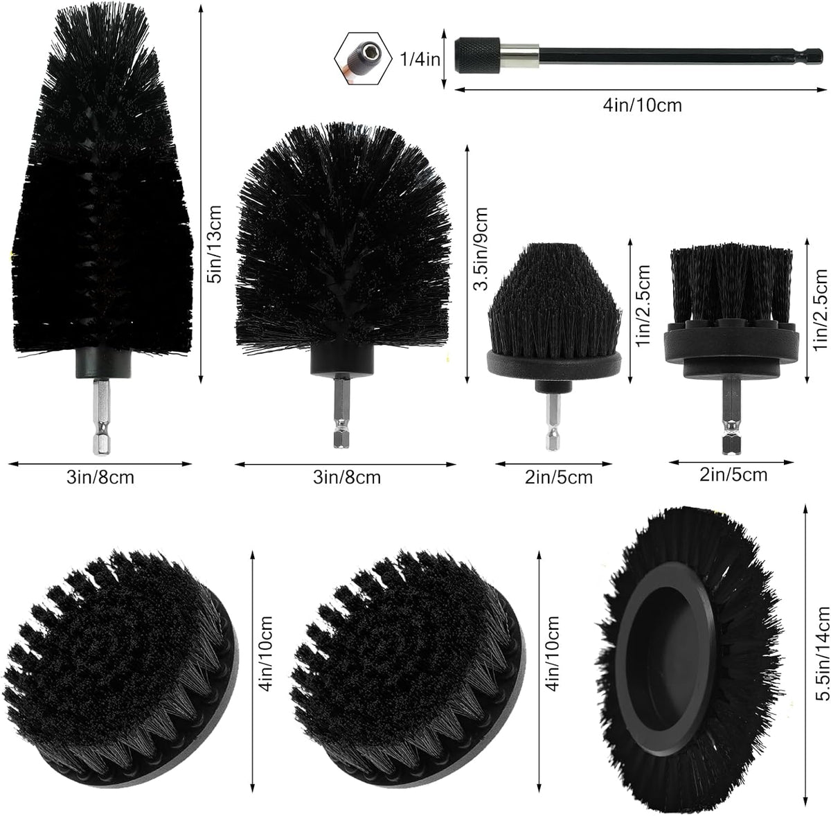 8 Pcs Drill Brush Attachment Set, Power Cleaning Scrub Brush Kit with Extend Long Attachment, All Purpose Drill Scrub Brushes for Car, Grout, Floor, Tub, Bathroom and Kitchen (Black)