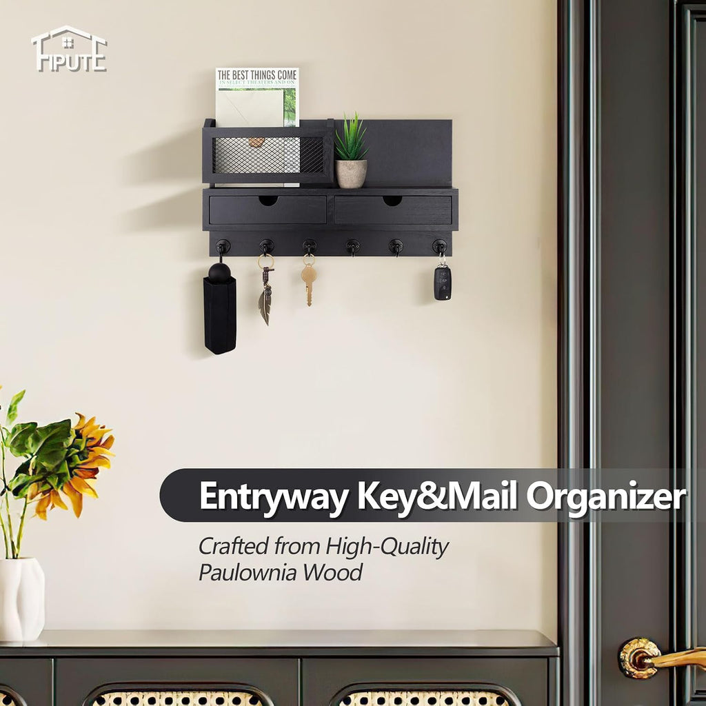 Key Holder for Wall, Key and Mail Holder for Wall with Storage Drawer, Entryway Rustic Home Decor, 3 Liquid Chalks & Chalkboard, 15.98”W x 9.1”H x 3.3”D, Black