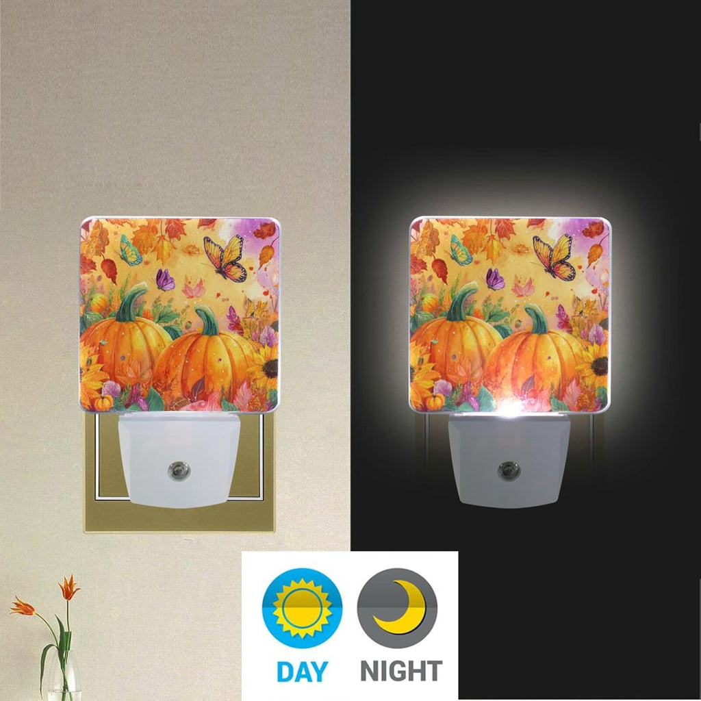 Vdsrup Fall Sunflowers Pumpkins Night Light Set of 2 Autumn Butterfly Maple Leaf Plug-in LED Nightlights Auto Dusk-to-Dawn Sensor Lamp for Bedroom Bathroom Kitchen Hallway Stairs