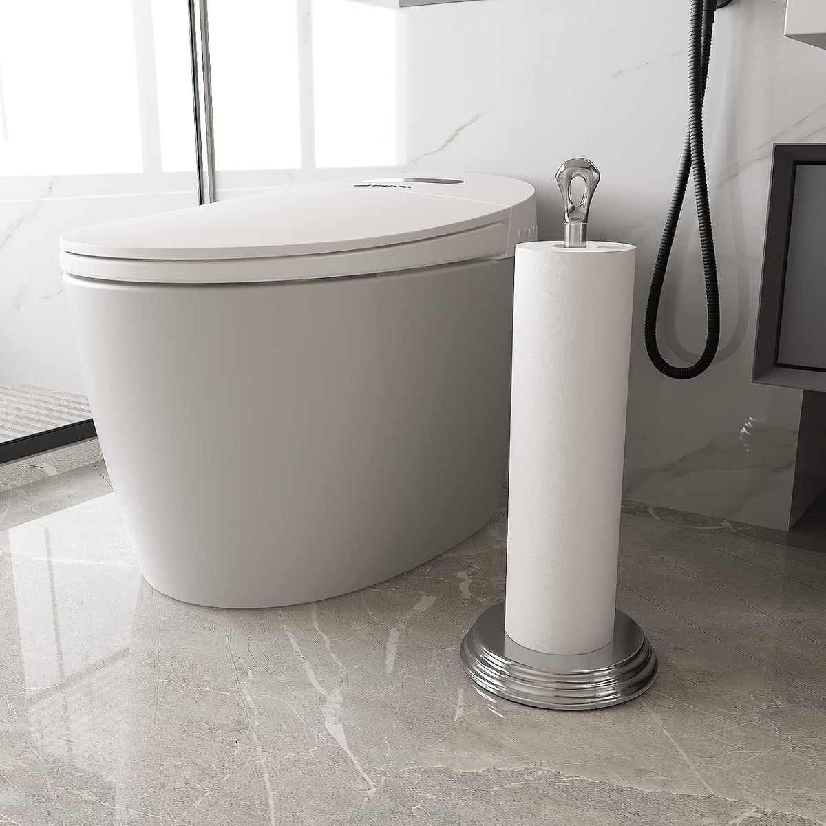 KASUNTO Toilet Paper Holder with Rustproof, Metal Free Standing Toilet Paper Stand Storage for Bathroom, Tissue Paper Roll Holder for Bathroom Accessories (Polished Chrome)