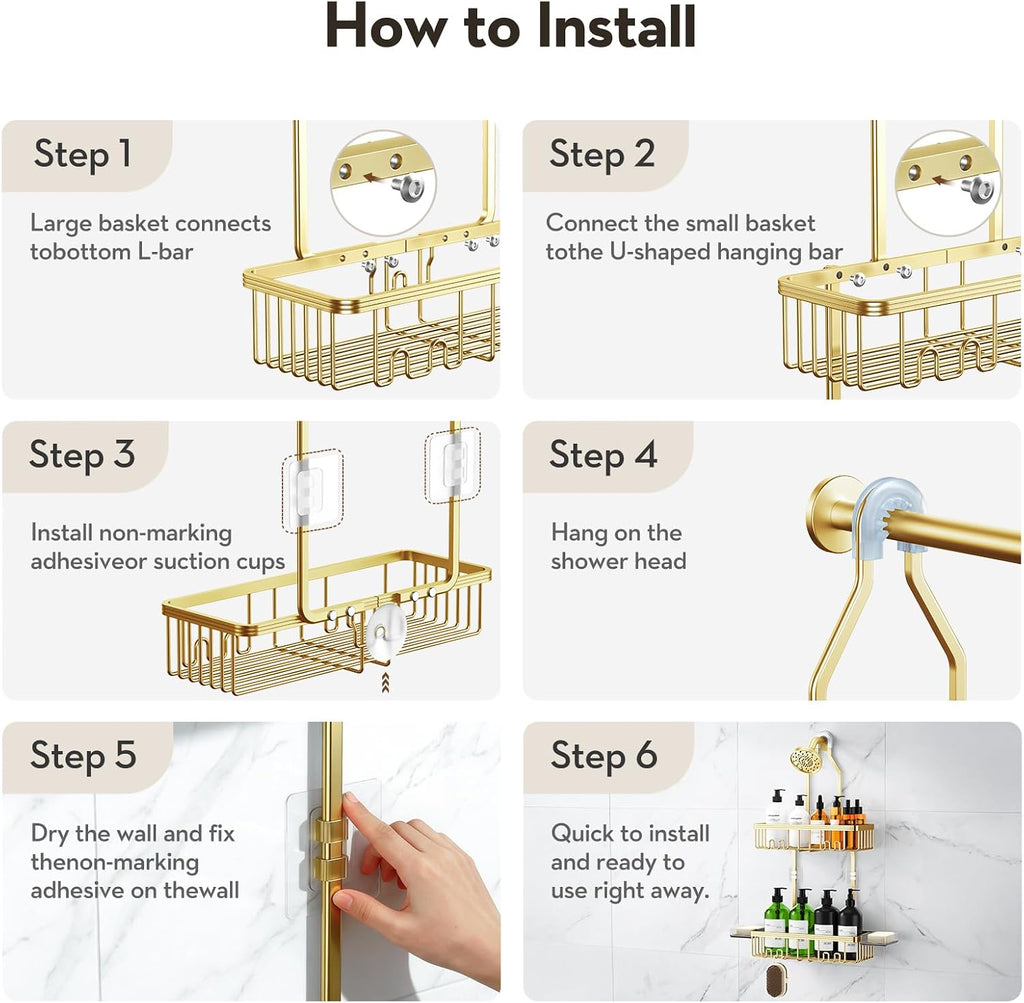 Shower Caddy Hanging, Never Rust Shower Organizer Hanging, Aluminum Shower Racks for Inside Shower with Hooks for Razor, Bathroom Organizers and Storage with Soap Holder, Gold