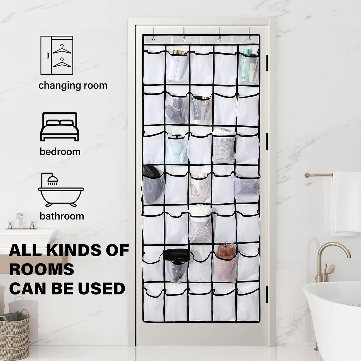 35 Pocket Over Door Shoe Organizer with 4 Metal Hooks（Black-White）