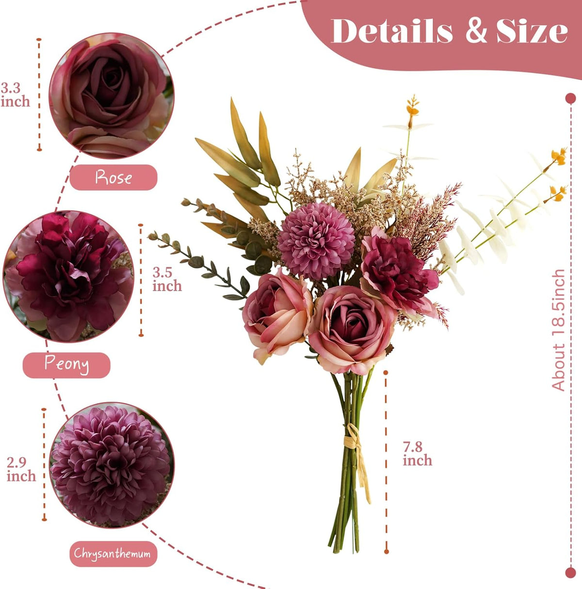 Artificial Flowers Bouquet - Faux Silk Flowers Centerpiece, Realistic Fake Flowers Plants for Home Decor Dining Table, Indoor Vase, Wedding Bouquet Arrangements (Red)