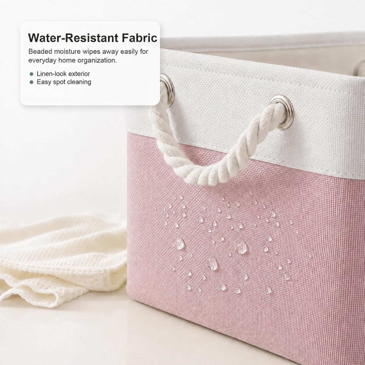 11x11 Inch Cube Storage Bins, 6 Pack Collapsible Fabric Storage Cubes with Rope Handles, Waterproof Foldable Storage Baskets for Cube Shelves, Closet, Clothes, Toys, Books, White & Pink