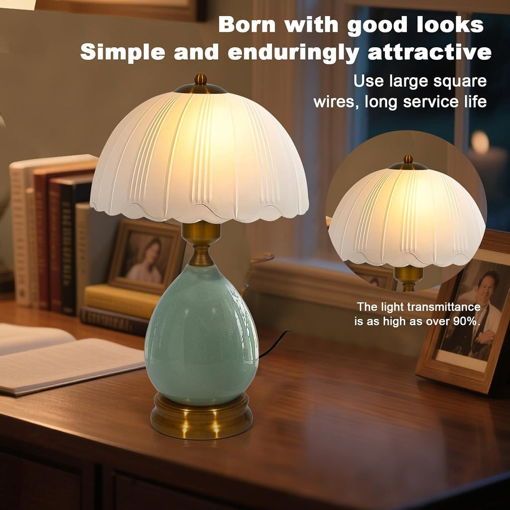 Ceramic Retro Table Lamp, Vintage, 15", Chinoiserie Green Glass