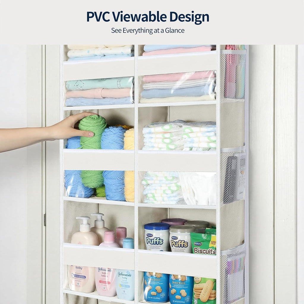 Yecaye Over The Door Organizer, 5 Tier Extra Large Behind Door Storage of 10 Compartments, 80lbs Heavy Duty Door Organizer Hanging with Clear Window for Closet Bedroom Pantry Bathroom, Beige