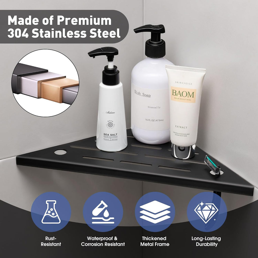 Corner Shower Shelf, 10'' Shower Corner Shelf with Towel Bar & Hooks, 304 Stainless Steel Recessed Bathroom Shelves, Grout in Bathroom Shower Shelf for Tiled Wall, 2-Pack (Matte Black)