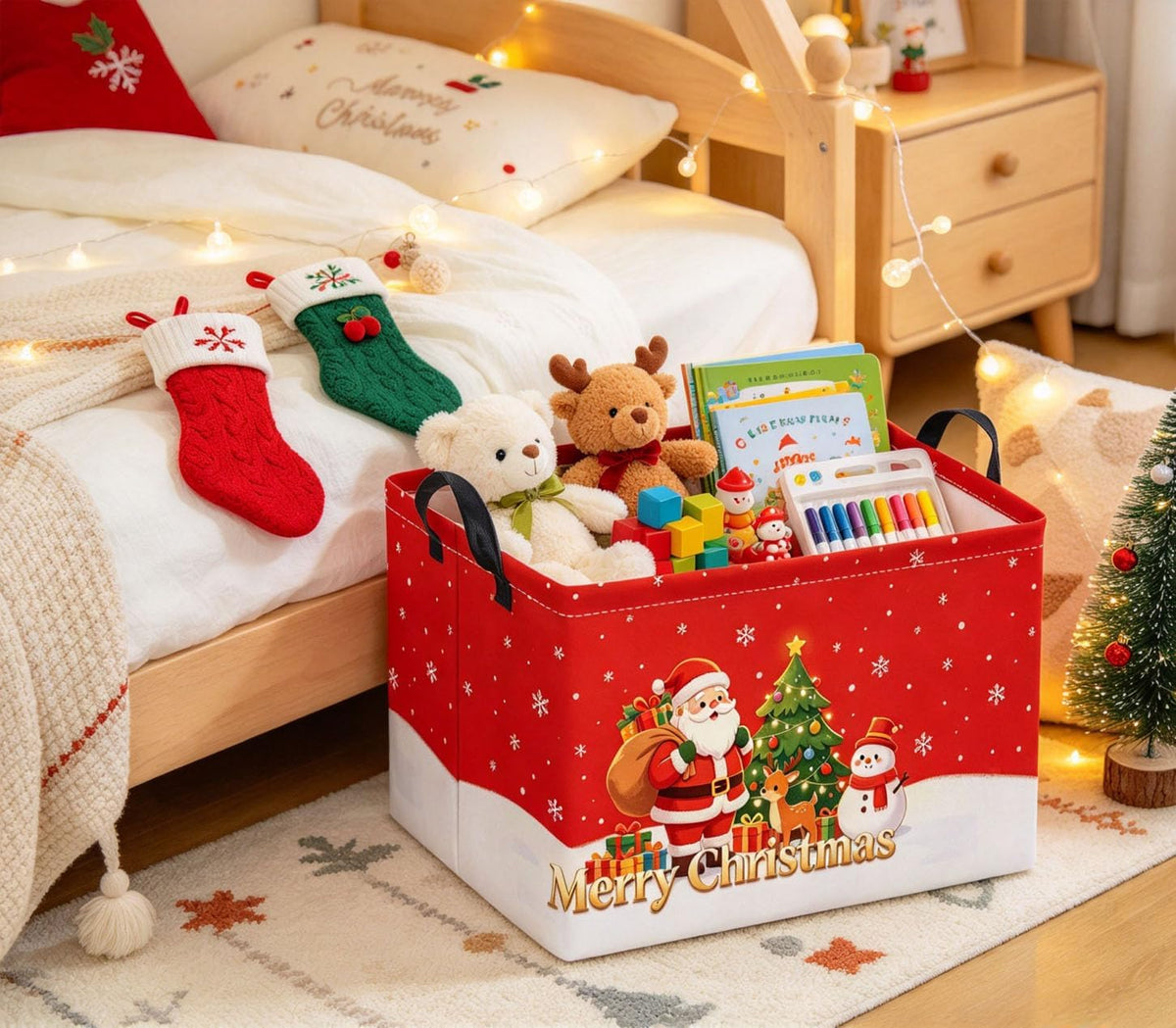 Rectangular Storage Basket for Boys Kids Basket Storage Bin Organizer Box(Red Snow Christmas)