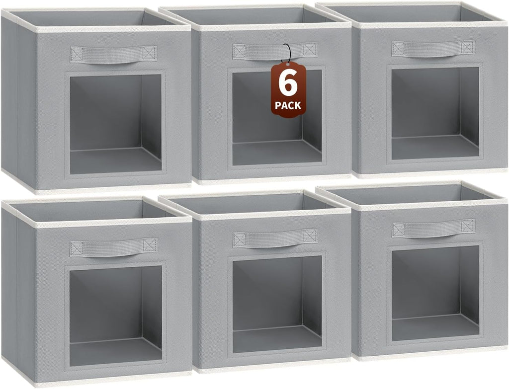 Homsorout Storage Cube 11 Inch - Cube Storage Bins with Window, Closet Storage Baskets with Handle, Fabric Bins for Closet, Shelves, Toys, Clothes, Set of 6, Grey