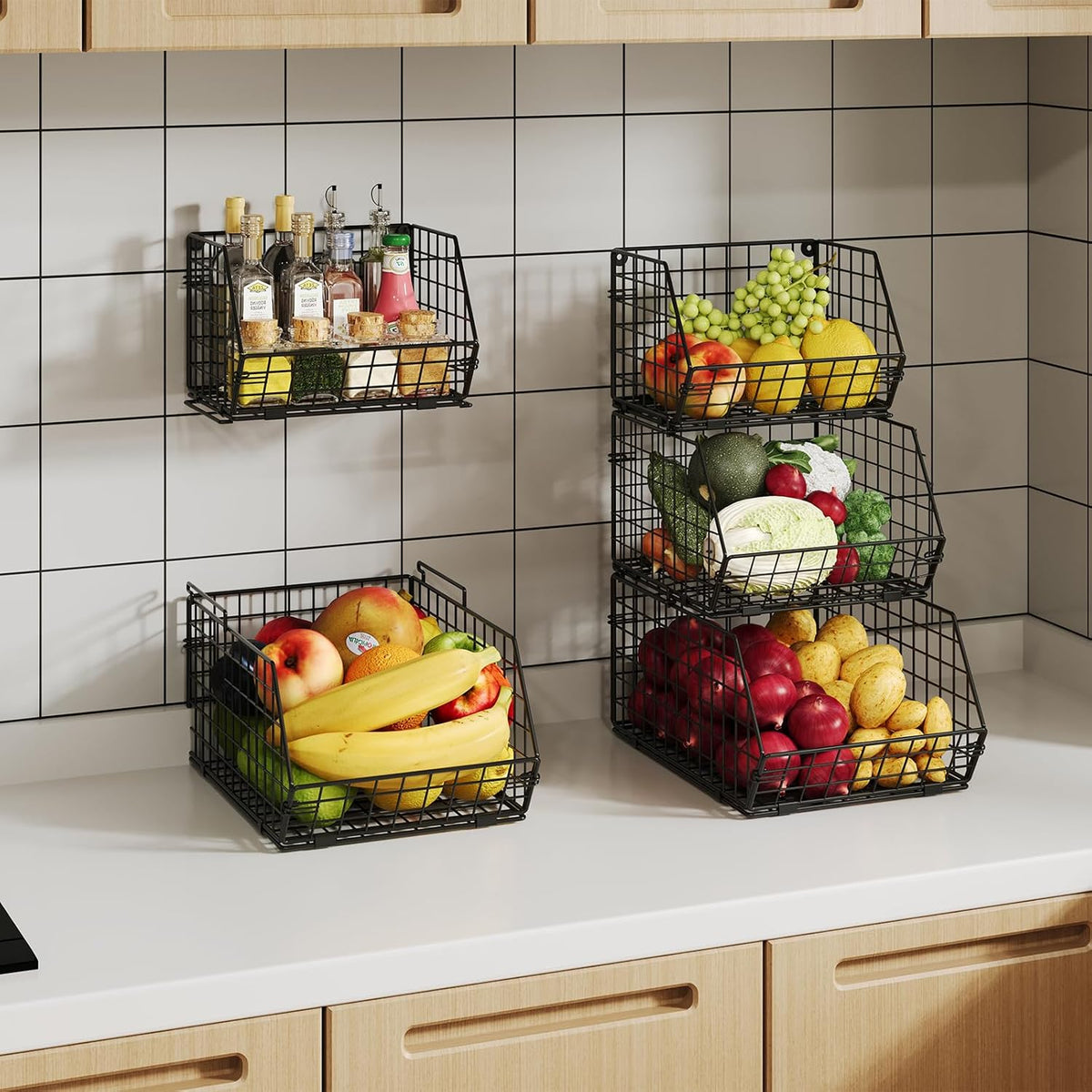3-Tier Stackable Wire Baskets, Fruit and Vegetable Storage for Counter