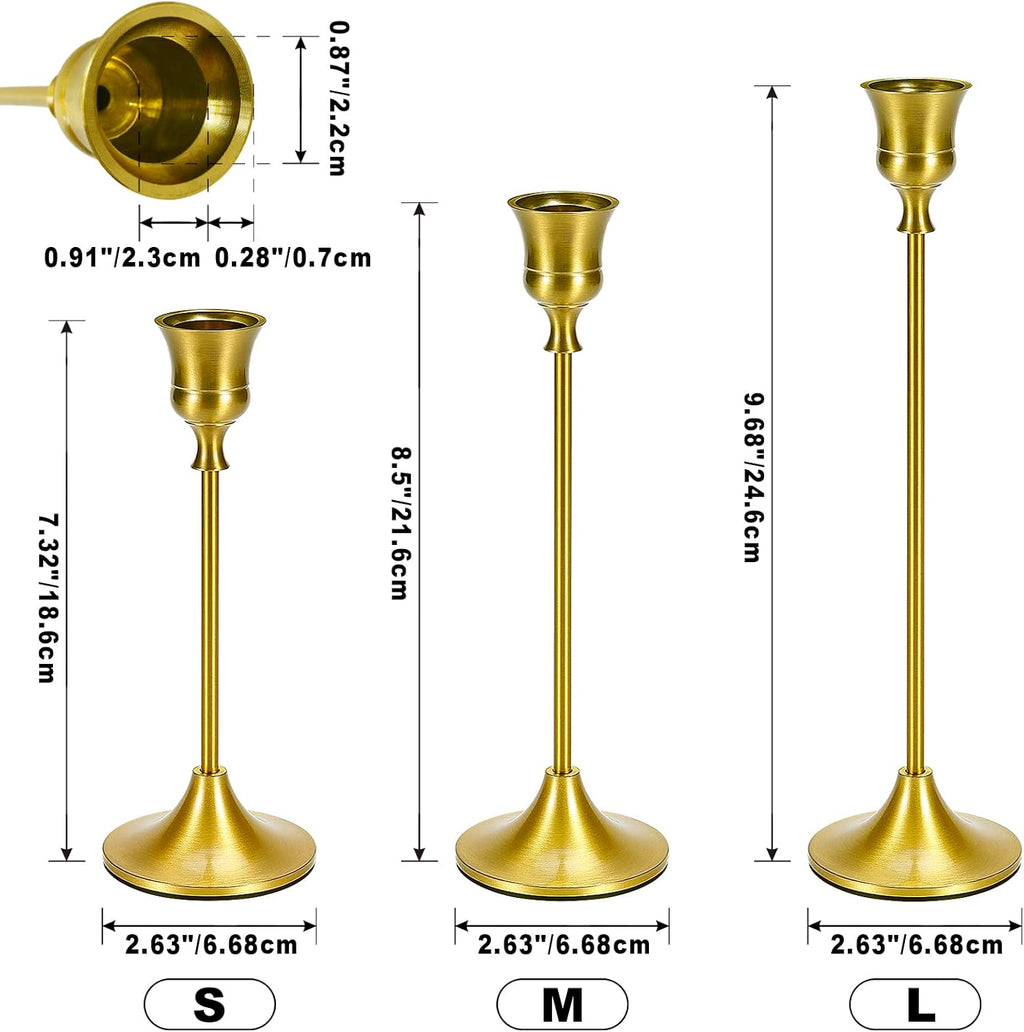 Metal Brass Gold Taper Candlestick Holders Set of 6, Wine‑Glass Shaped Candle Stick Holder with 3 Assorted Heights, Elegant Table Centerpiece Decor for Wedding Christmas Fireplace