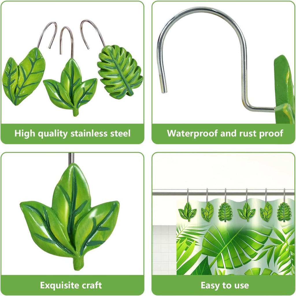 12-Piece Green Leaves Leaf Shower Curtain Hooks for Bathroom