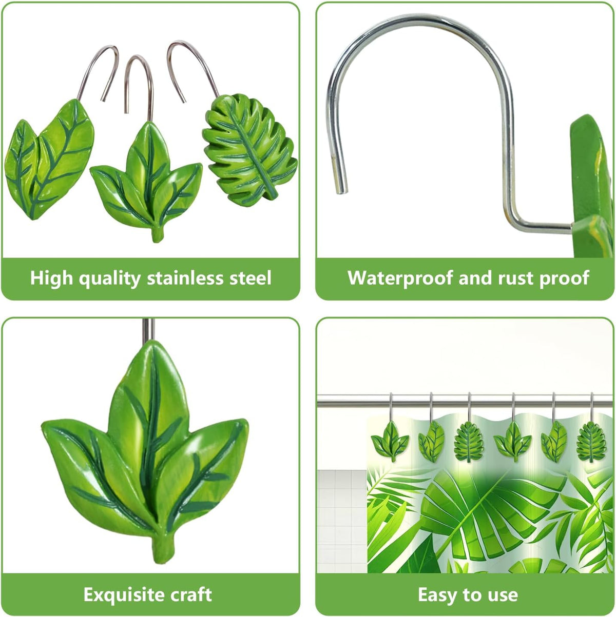 12-Piece Green Leaves Leaf Shower Curtain Hooks for Bathroom