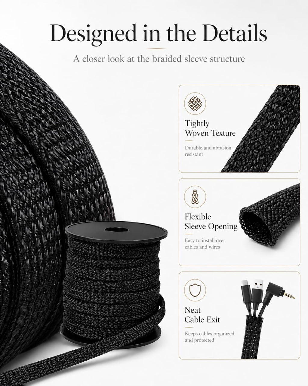 100 Feet - 1/2 Inch Braided Wire Loom PET Cable Loom Expandable Braided Sleeving Wire Sleeve for Automotive，TV, Computer, Home Theater, Black