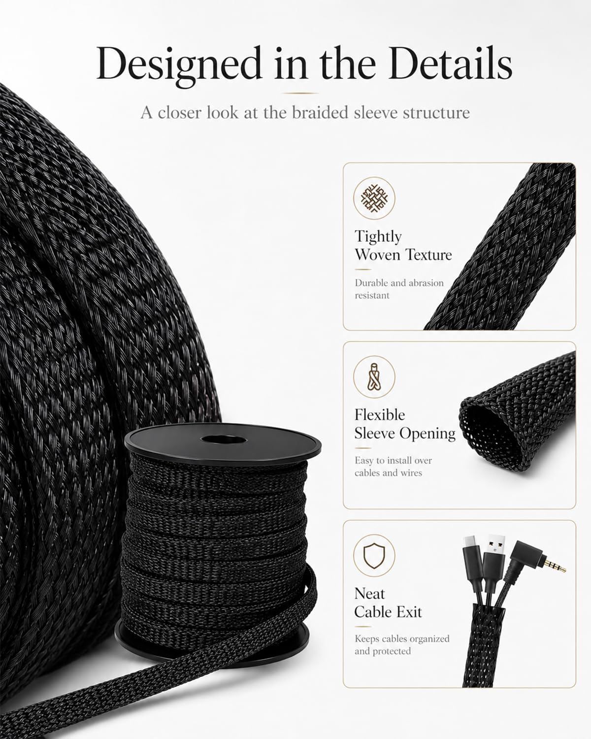 100 Feet - 1/2 Inch Braided Wire Loom PET Cable Loom Expandable Braided Sleeving Wire Sleeve for Automotive，TV, Computer, Home Theater, Black