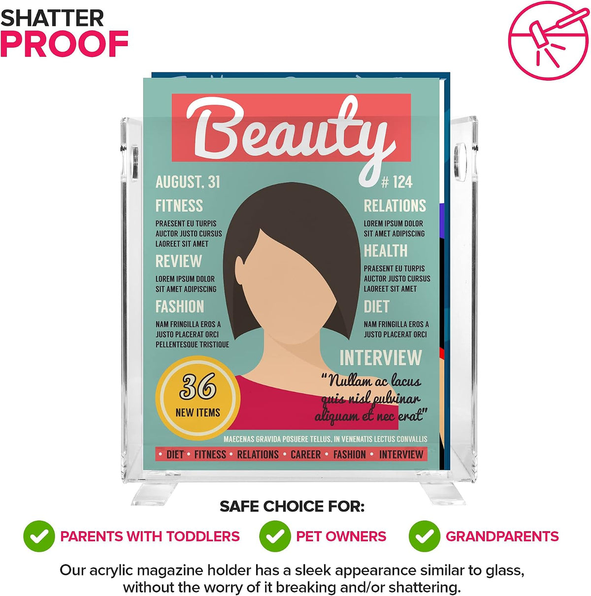 Stock Your Home Acrylic Magazine Holder - Crystal Clear Holder - Shatterproof - Open Top - Space Saver - For Magazines, Publications, Office Desk, Reception, Waiting Room