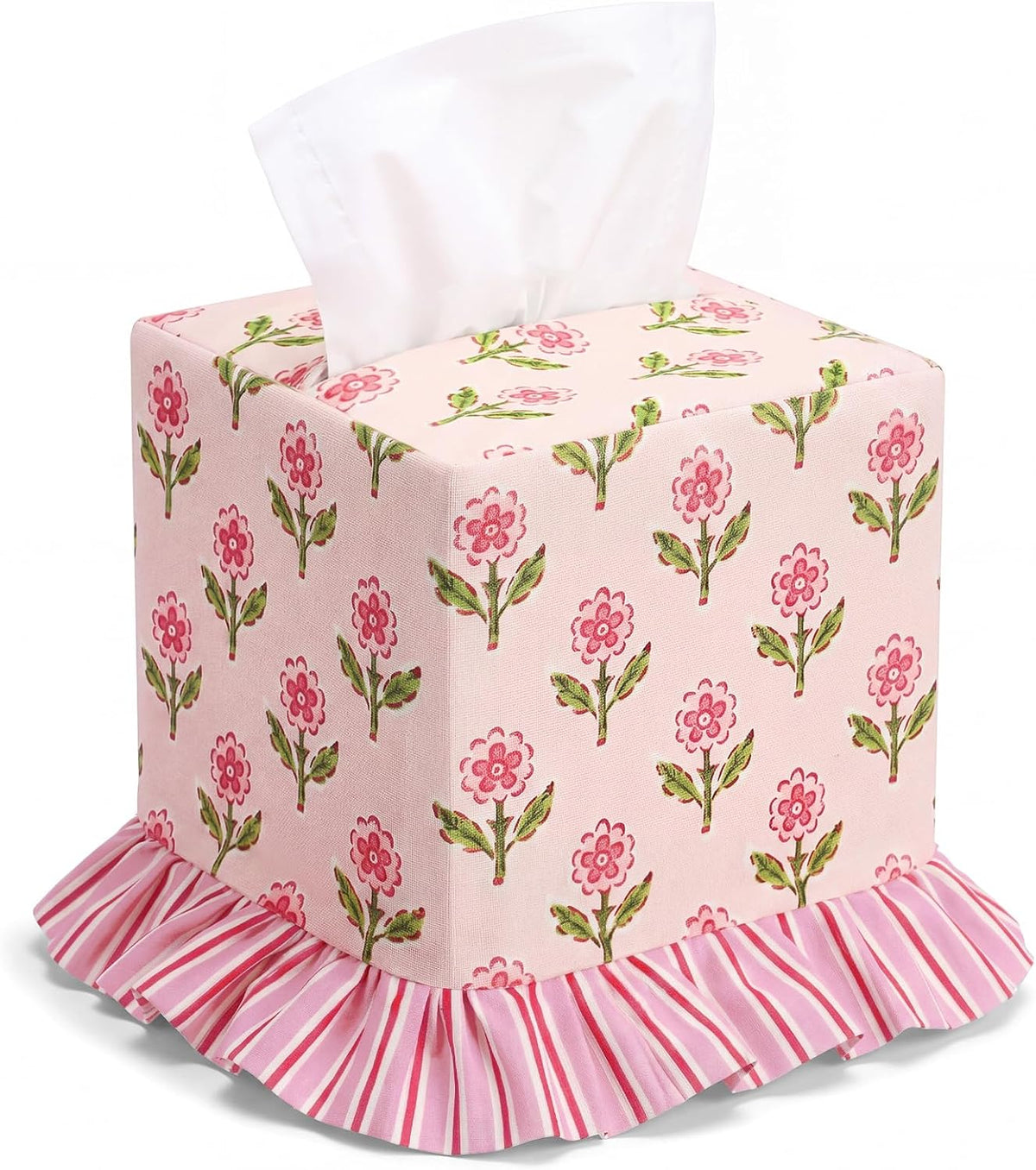 Pink Blockprint Floral Ruffle Tissue Box Cover Block Printed