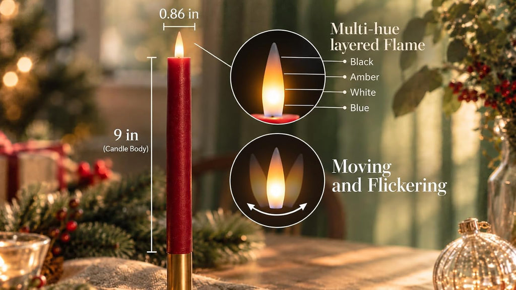 Burgundy Flameless Taper Candles with Remote & Timer -Leather-Textured Real Wax, 3D Moving Flicker, 400Hr Battery Operated Window Candles (Remote Uses 2 AAA Batteries, Not Included)